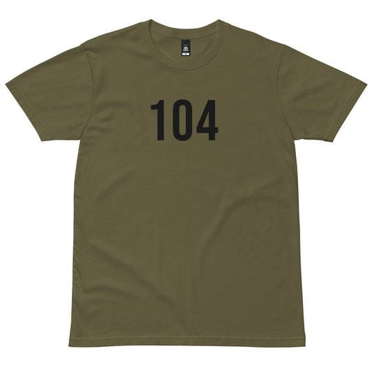 Army green 104 Distribution Operator T-shirt with black print, front view
