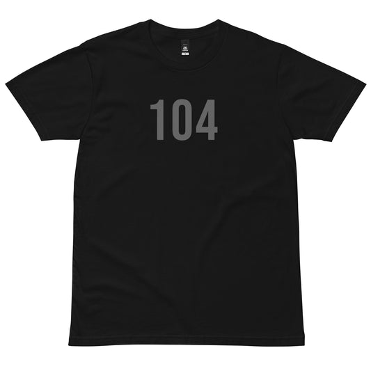 Black 104 Distribution Operator T-shirt with grey print, front view