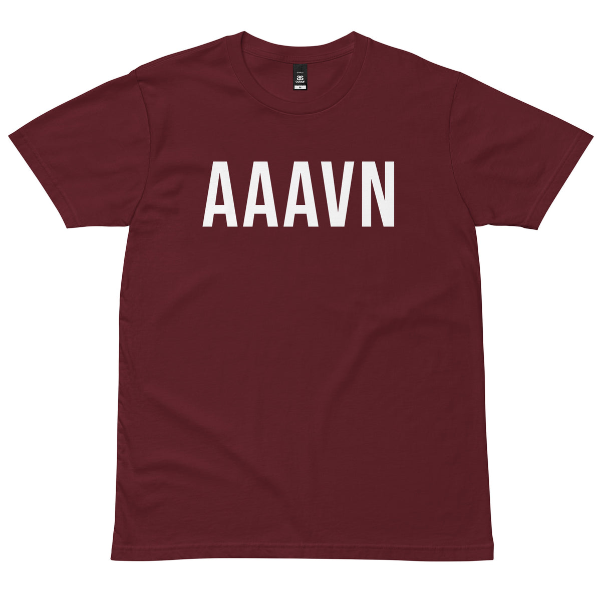 Burgundy AAAvn T-Shirt with white lettering, front view
