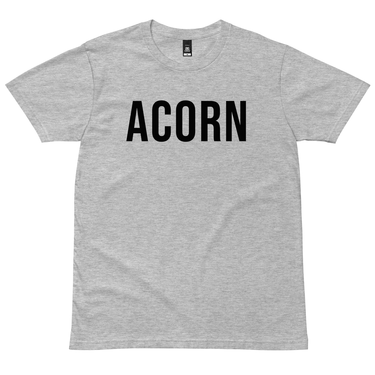 Athletic Heather ACORN T-Shirt with black lettering, front view
