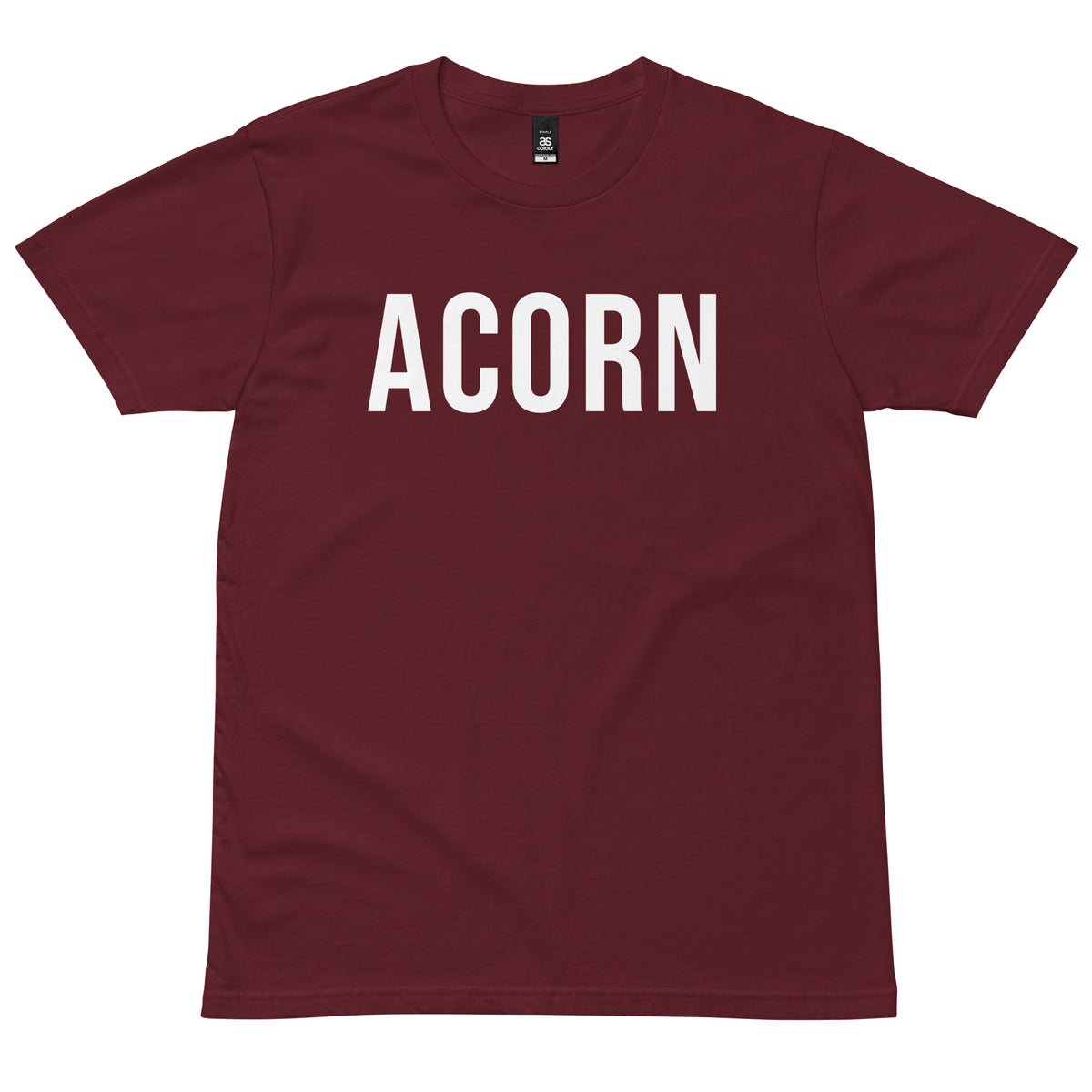 Burgundy ACORN T-Shirt with white lettering, front view