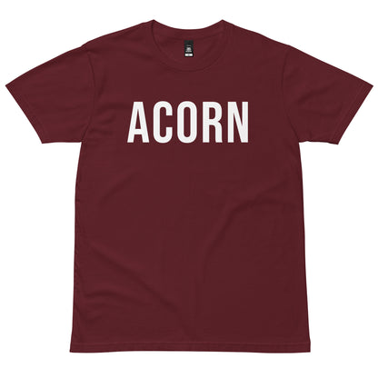 Burgundy ACORN T-Shirt with white lettering, front view