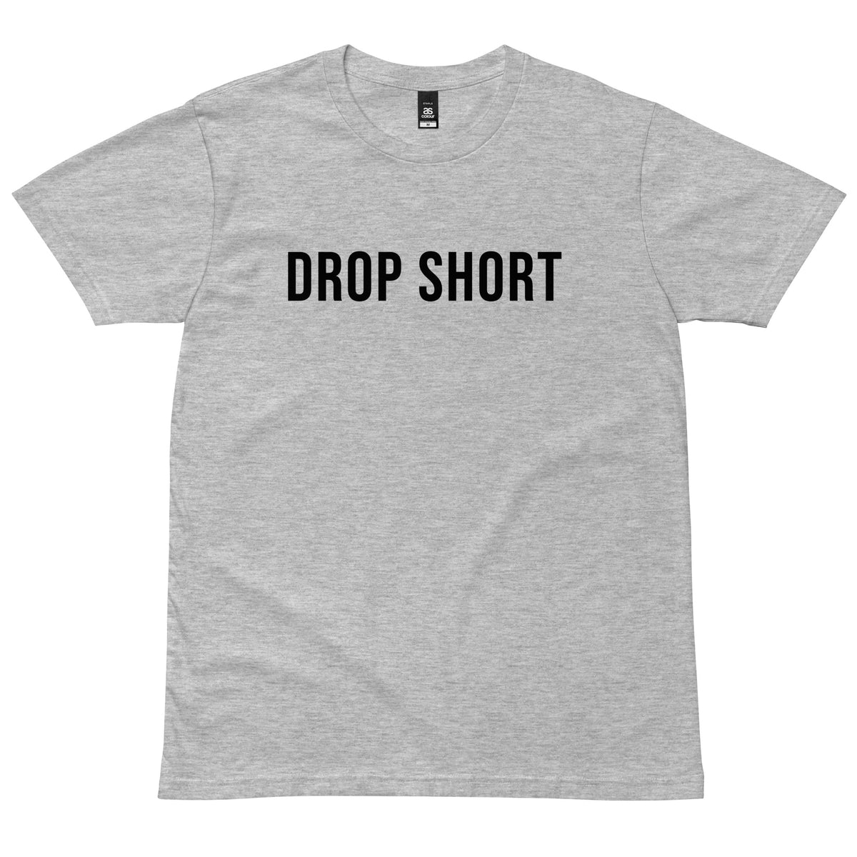 Athletic Heather DROP SHORT T-Shirt with black lettering, front view