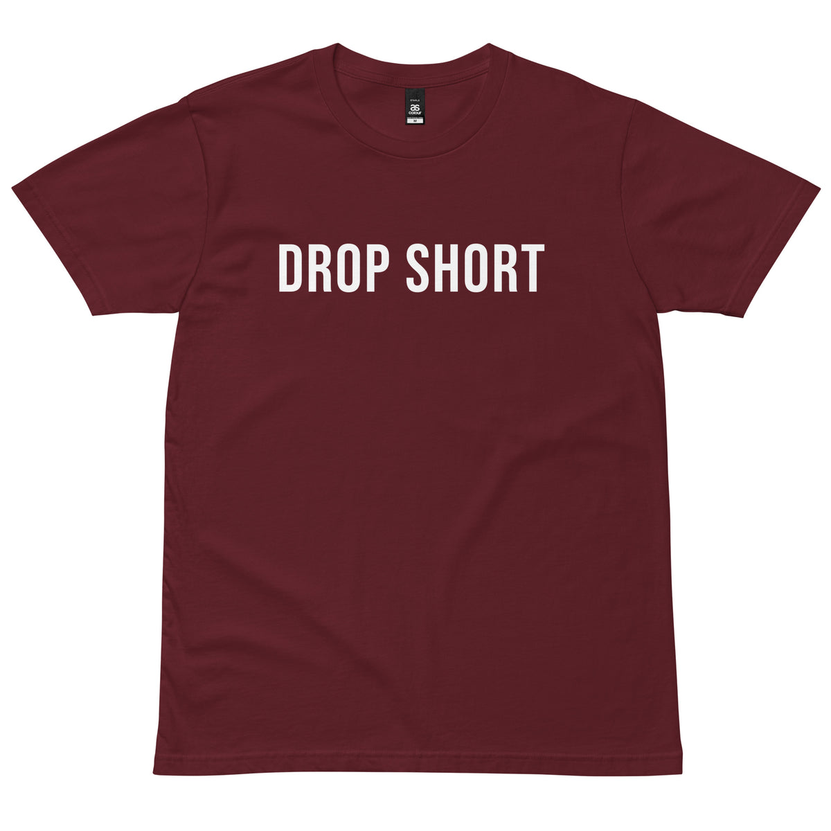 Burgundy DROP SHORT T-Shirt with white lettering, front view