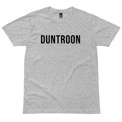 Athletic Heather DUNTROON T-Shirt with black lettering, front view
