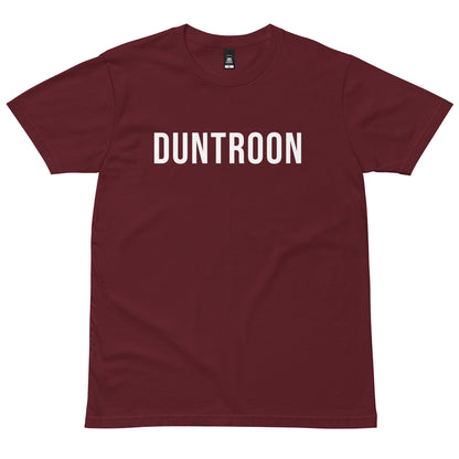 Burgundy DUNTROON T-Shirt with white lettering, front view
