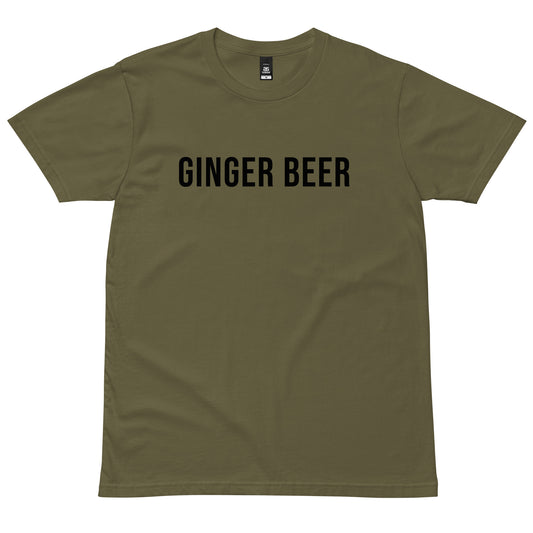 Army Green GINGER BEER T-Shirt with black lettering, front view