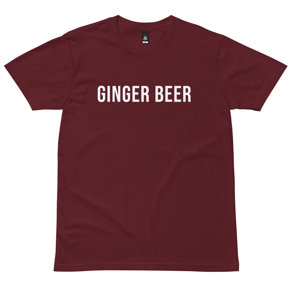 Burgundy GINGER BEER T-Shirt with white lettering, front view