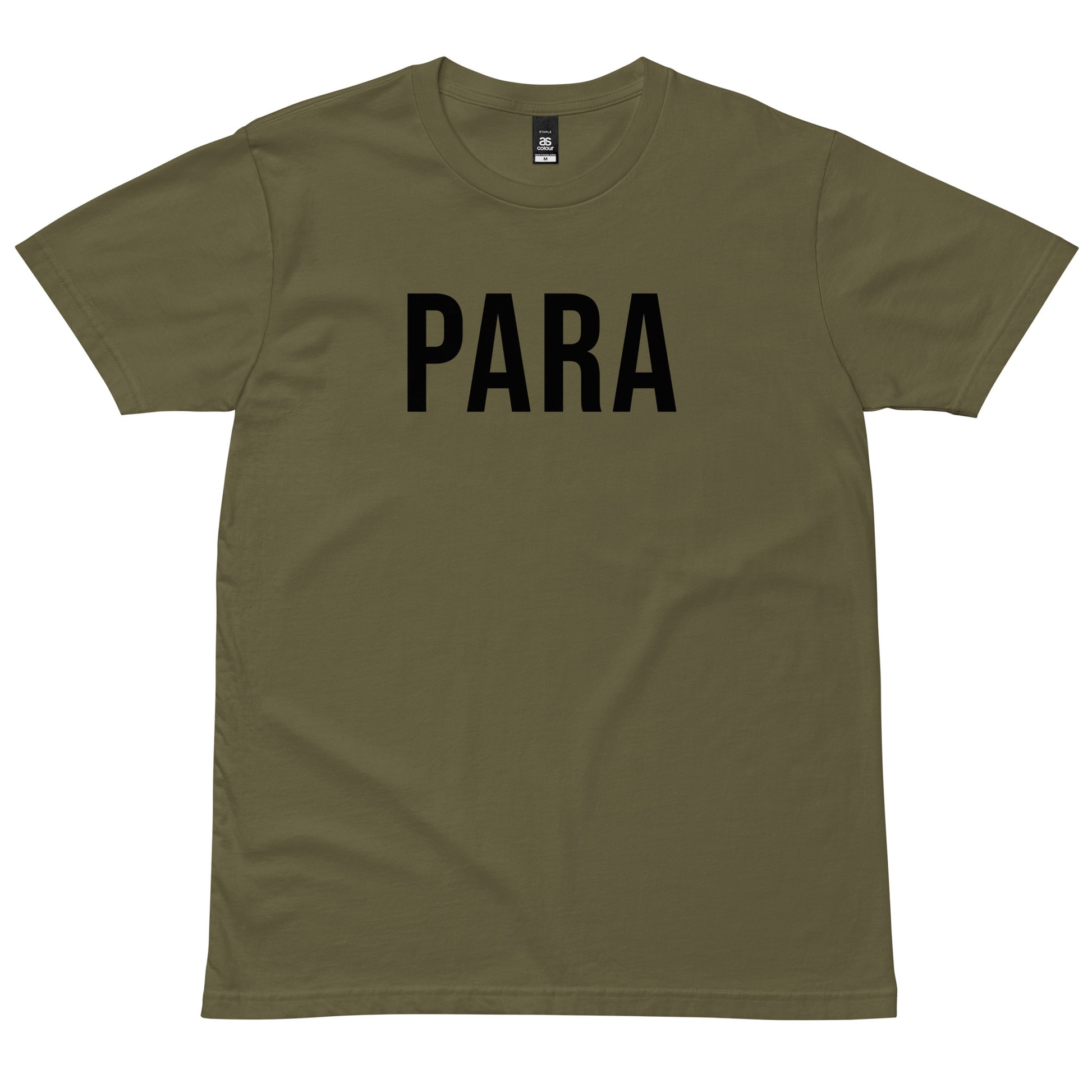 Army green PARA T-shirt with black lettering, front view