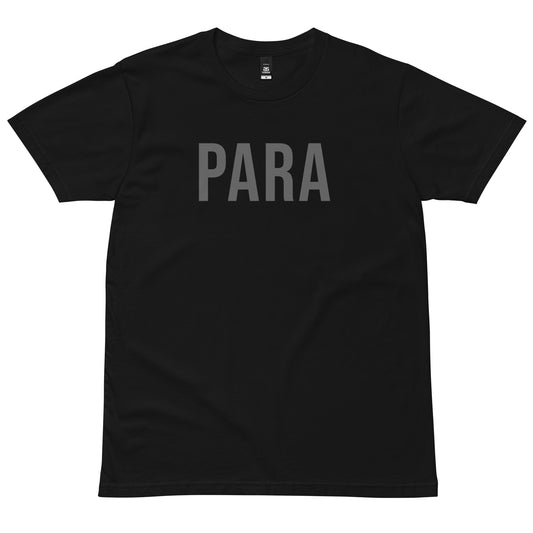 Black PARA T-Shirt with grey lettering, front view