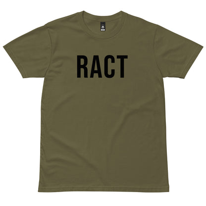 Army green RACT T-shirt with black lettering, front view