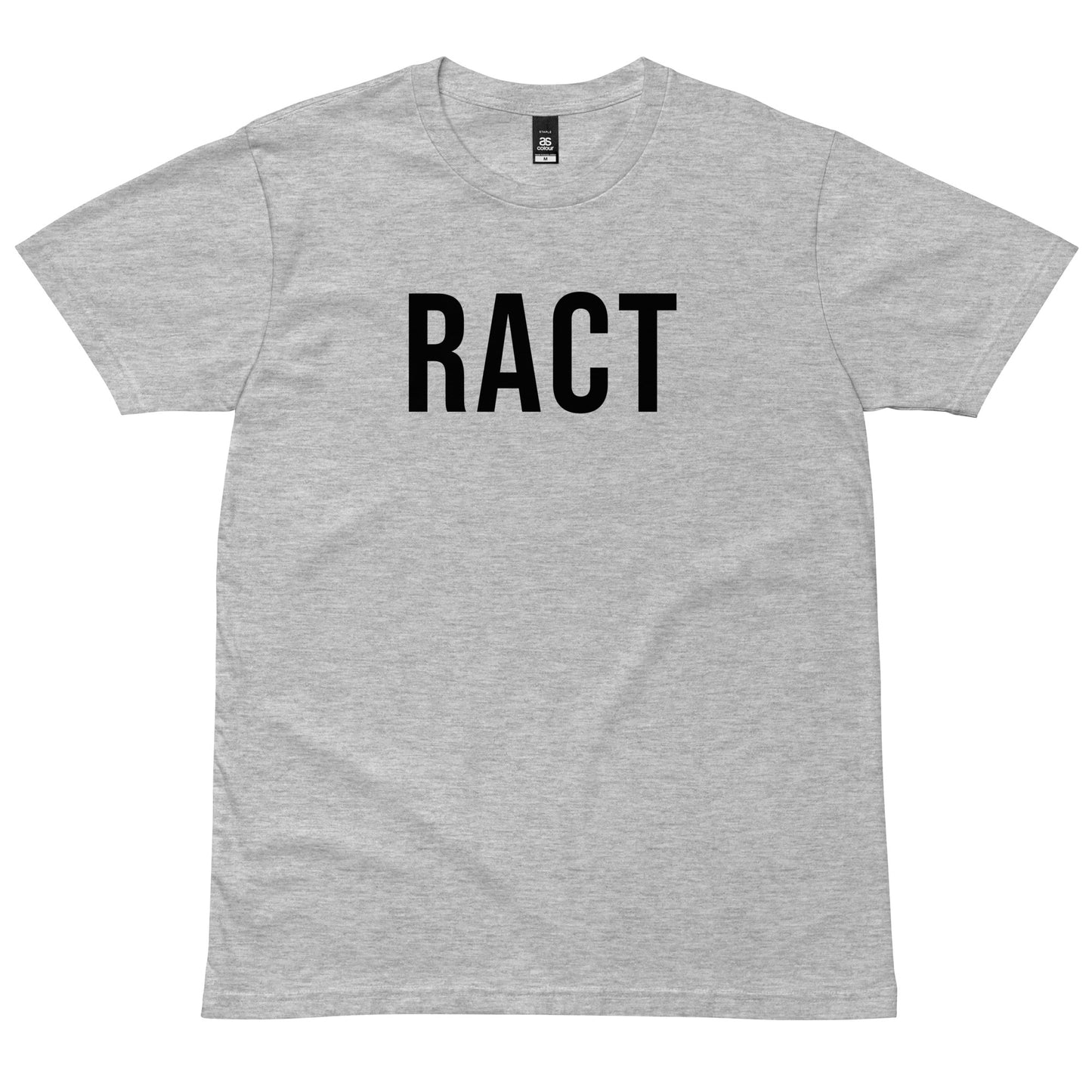Athletic heather RACT T-shirt with black lettering, front view