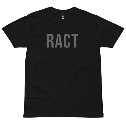 Black RACT T-shirt with tonal grey lettering, front view