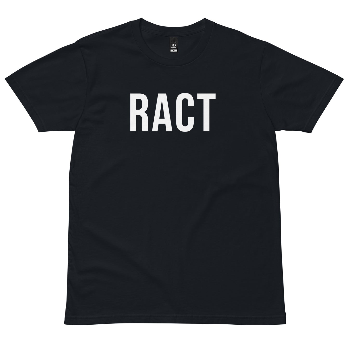 Navy RACT T-shirt with white lettering, front view