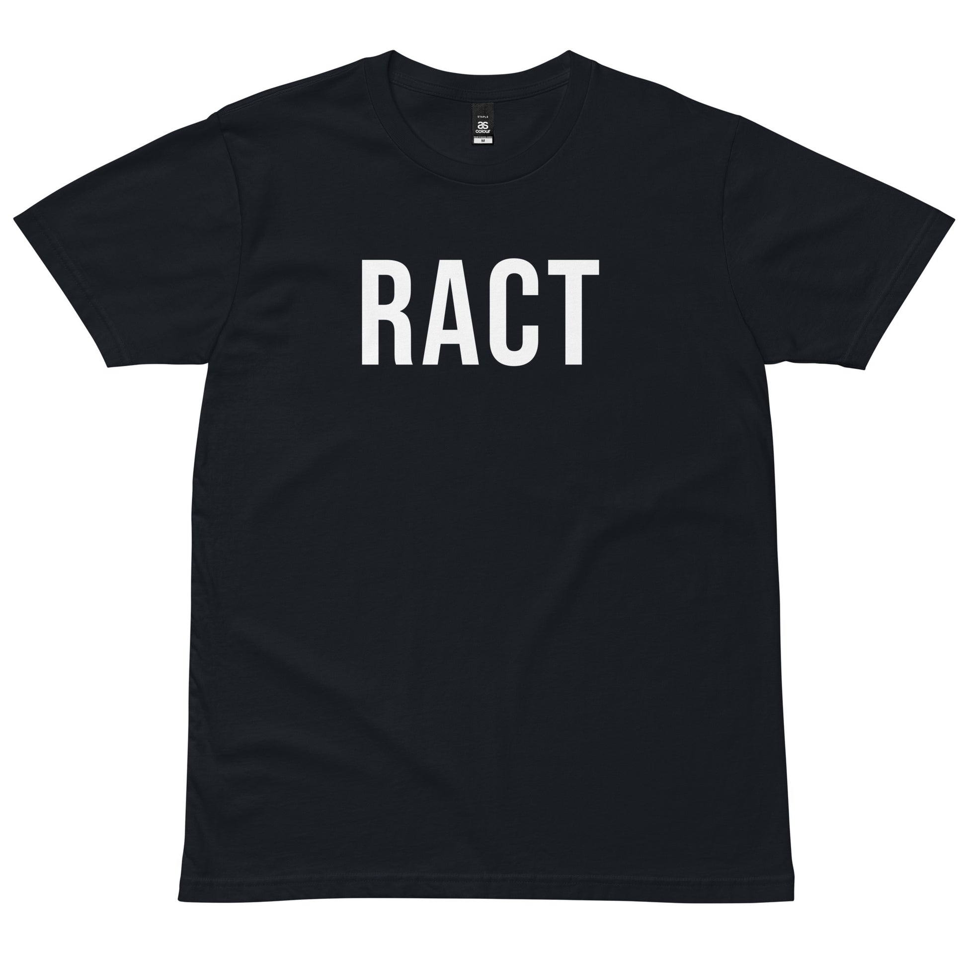 Navy RACT T-shirt with white lettering, front view