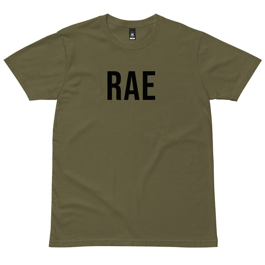 Army Green RAE T-Shirt with black lettering, front view