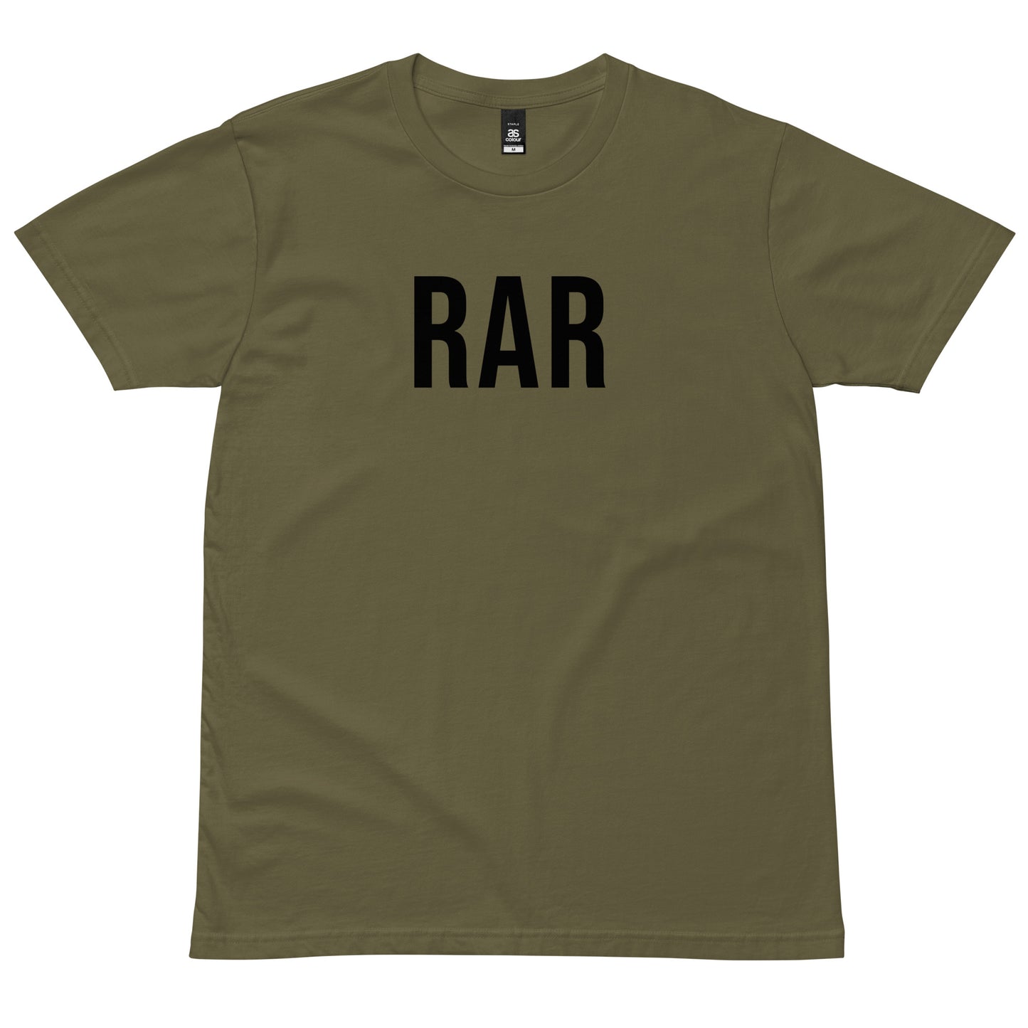 Army green RAR T-shirt with black lettering, front view
