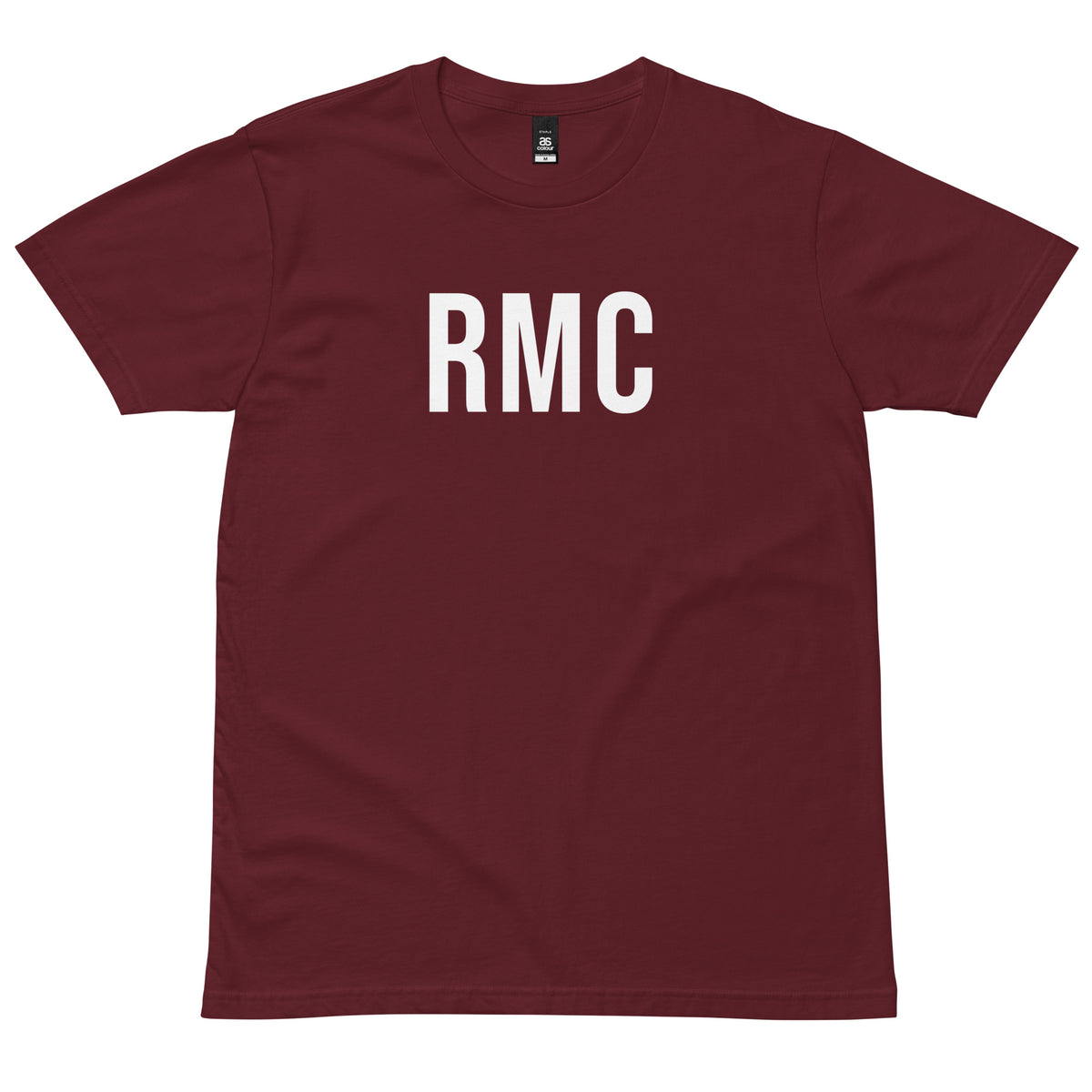 Burgundy RMC T-Shirt with white lettering, front view